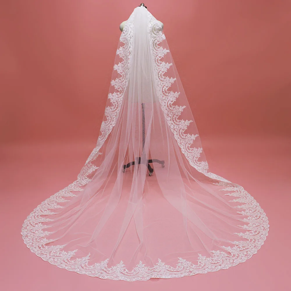 Nieuwe Collectie Mantilla Lace Lange Wedding Veil met Kam 3 Meter Kathedraal Een Laag Bruidssluier Veu De Noiva