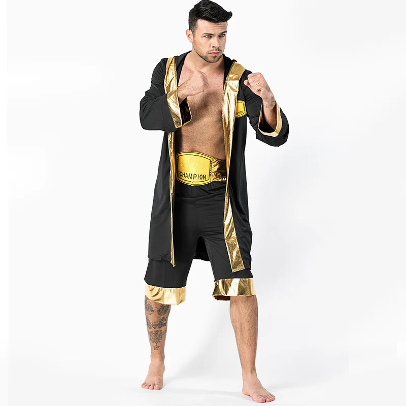 Uomo adulto nero boxe Robe Costume Boxer boxe Match Rocky Balboa Outfit Halloween Fancy Dress