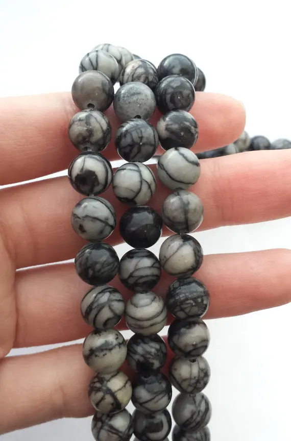 Black Picasso Beads,Black Vein Black Gem stone Jasper Loose Bead Gray Black stone Bead For jewelry 4mm-12mm 1string