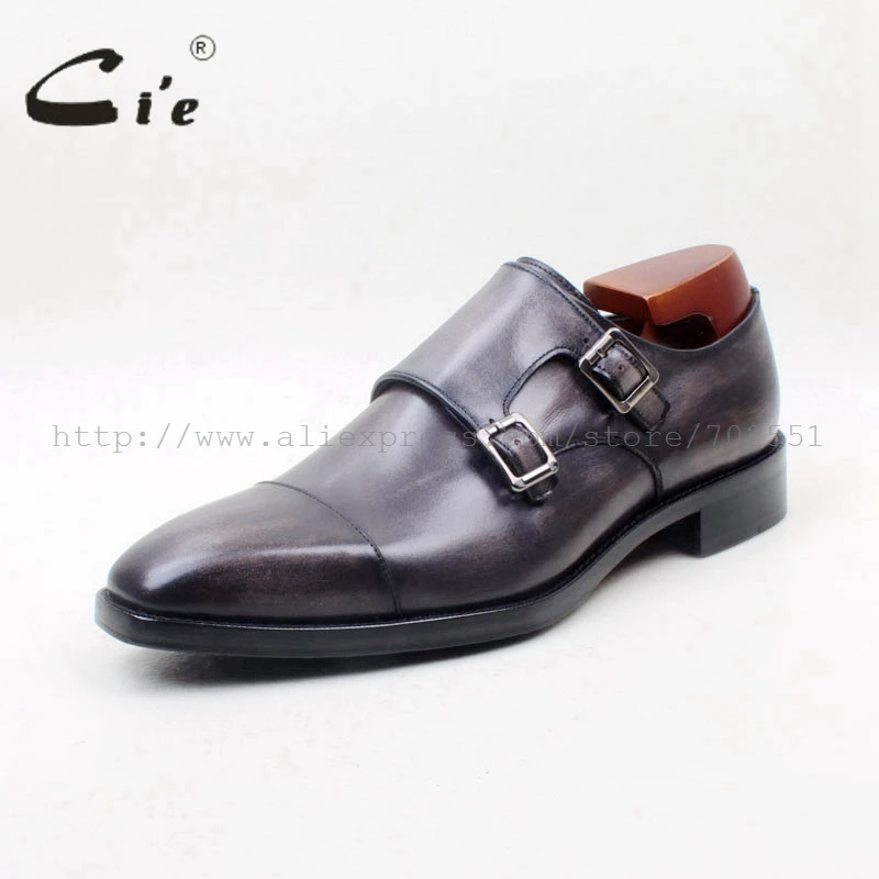 cie Square Cap Toe Handmade 100% Genuine Calf Leather Outsole Breathable Hand-Painted Grey Double Monk Straps Men Shoe MS143