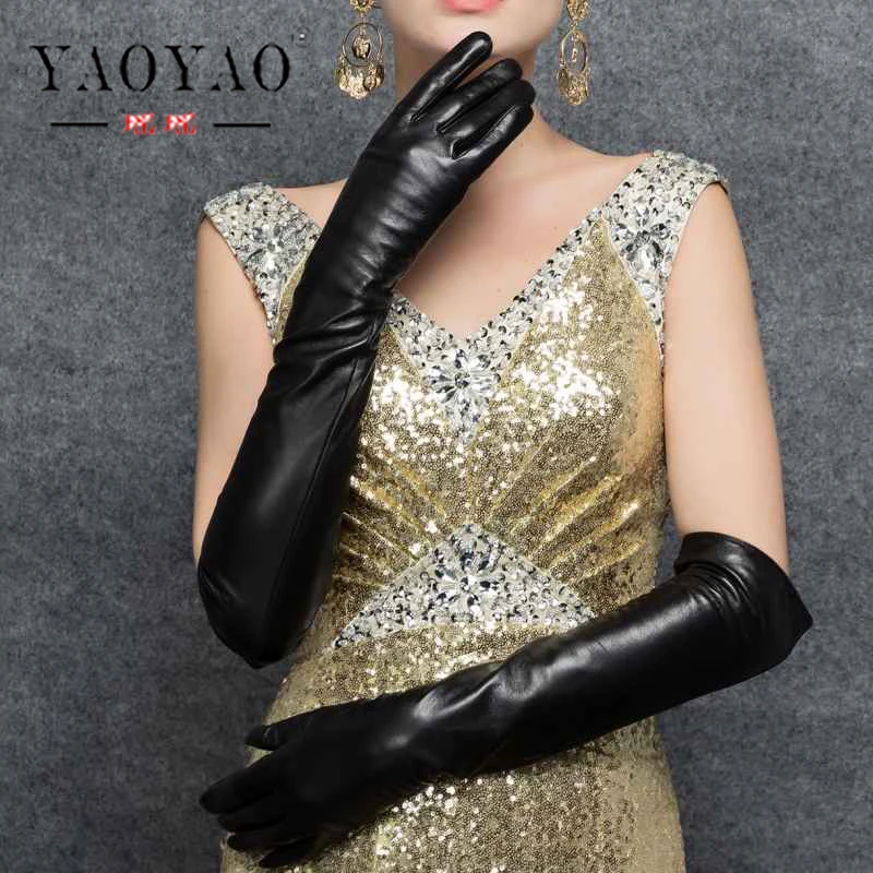 YY8592 Women 40 cm/45 cm Long Suede Genuine Leather Black Gloves Feminino Lengthen Real Lambskin Opera Party/Model Show Luvas