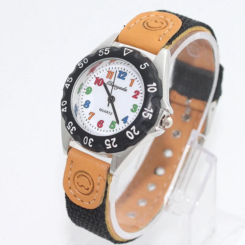 Black Fabric Strap Children Kid's Gift Boy Girl Student Learn Time Tutor Quartz Wristwatch U32H Kids watches time teaching gifts