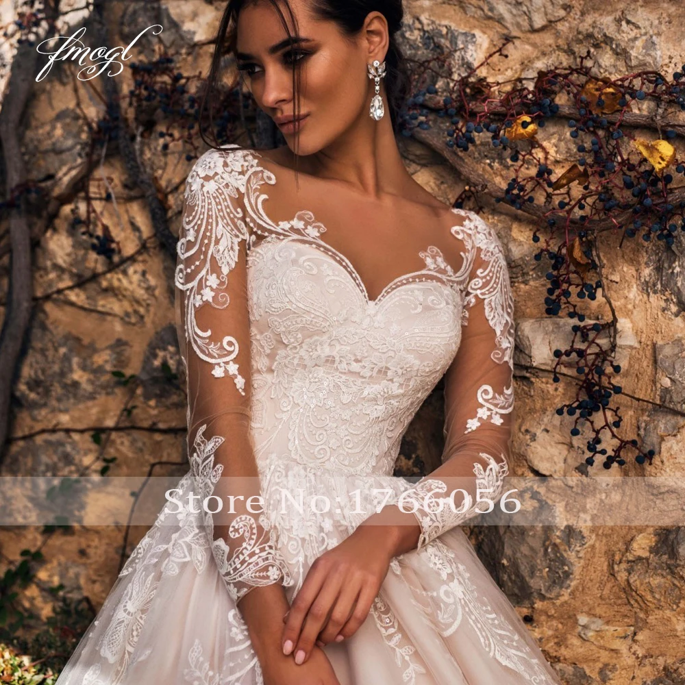 Customized Sexy Illusion Long Sleeve Vintage Wedding Dresses 2022 Scoop Neck Appliques Court Train Tulle A Line Bridal Gown image 3