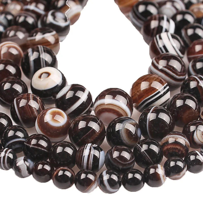 Natural Stone Top Grade Coffee Onyx Stripe Agates Round Loose Beads 6 8 10 12 14MM DIY Bracelet Necklace Bead For Jewelry Making