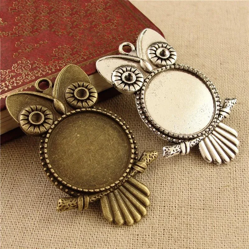 5 sztuk/partia antyczny brąz zwierząt sowa wisiorek Cabochon ustawienia baza Bezel tace puste Fit 20mm 25mm Cabochons naszyjnik DIY, dzięki czemu