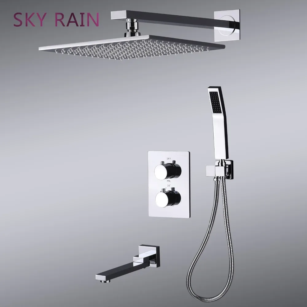 SKY RAIN Rotation Spout Faucet Brass Chrome Plated Thermostatic Shower Set High Pressure Water Saving 10 Inch Shower Head