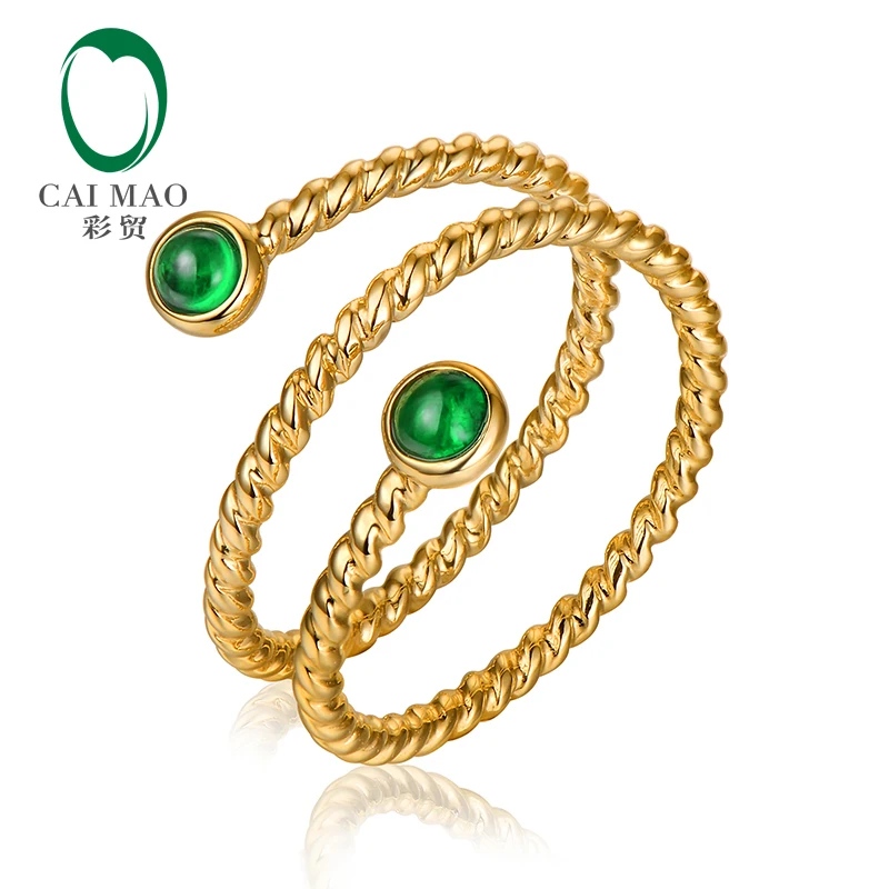 CaiMao Smalle Bezel 0.24ct Natural Cabochon Emerald Exquisite Ring 14K Yellow Gold Wedding Band Resizable