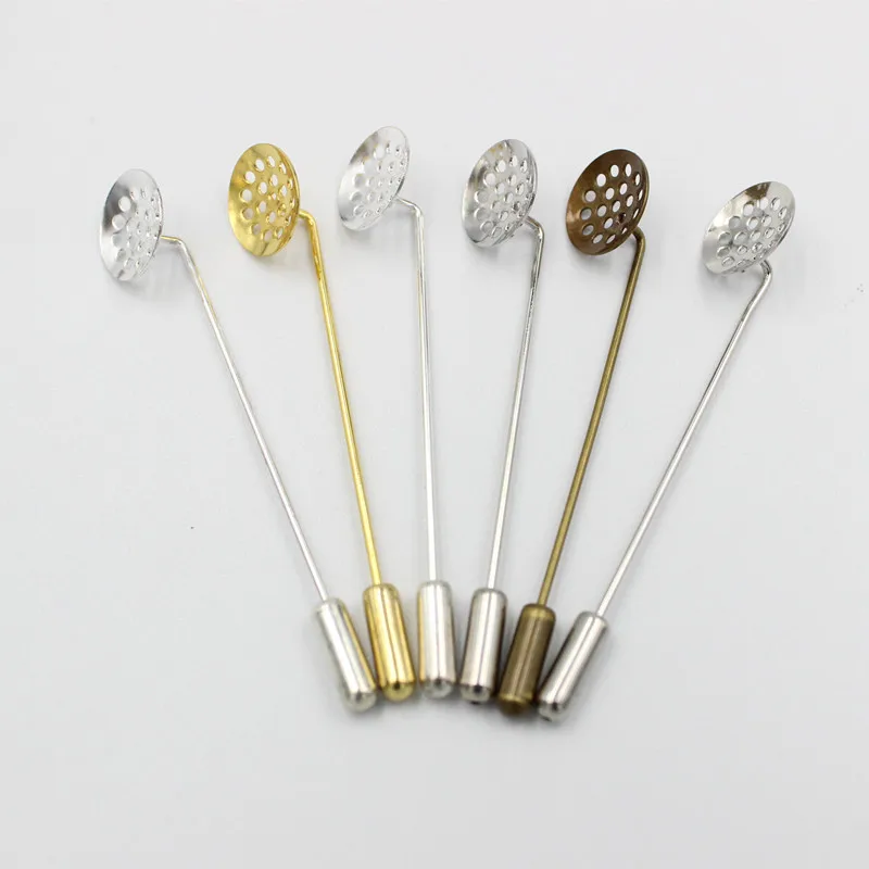 10pcs Gold Silver Plated Copper Long Brooch Safety Pins 12mm Blank Base Trays for DIY Lapel Dress Jewelry Making Brooches Base