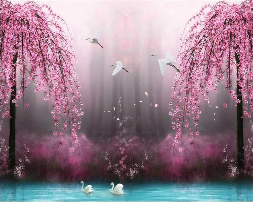 

Custom wallpaper HD fantasy wonderland peach blossom crane 3D TV background walls cherry blossom mural 3d wallpaper