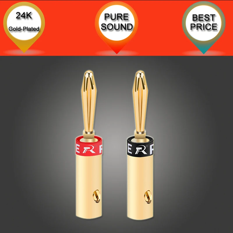 2pcs/1pair R 4mm Banana Plug Connector 24k Gold Banana Connector for Audio Video Amplifier Speaker Cable Connector