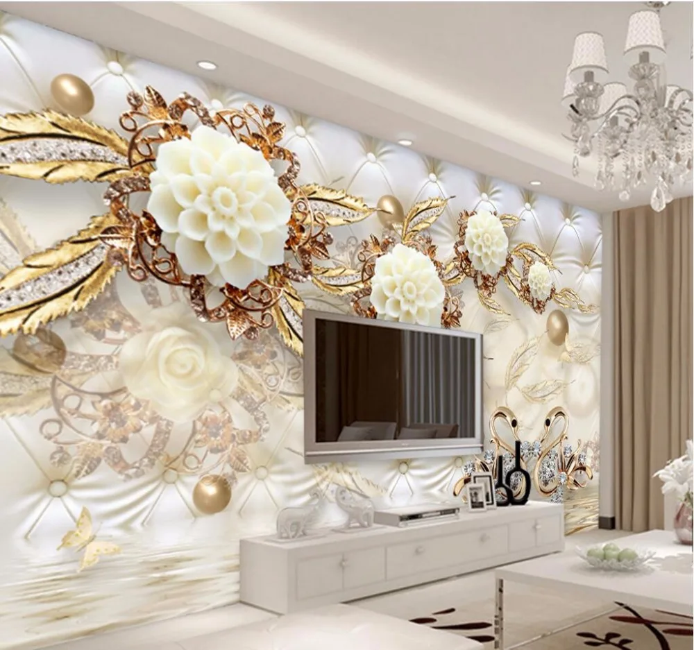 wellyu  papel de parede Custom wallpaper 3d luxury gold white flowers soft bag ball jewelry TV back photo wallpaper	behang