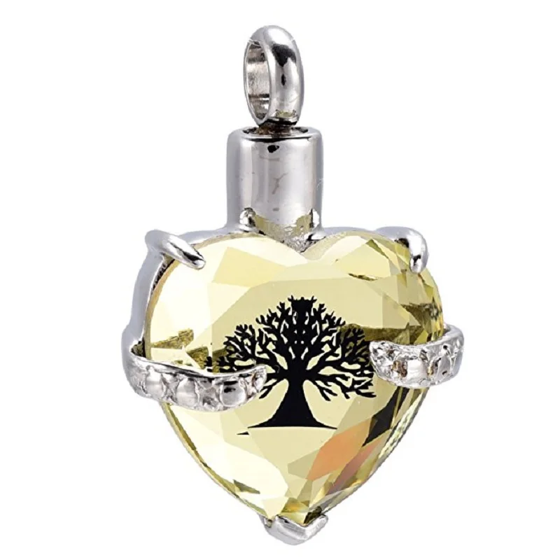 IJD9790 Clear Crystal Heart Cremation Pendant Hold Small Amount Ashes,Tree of life Keepsake Memorial Urn Necklace for