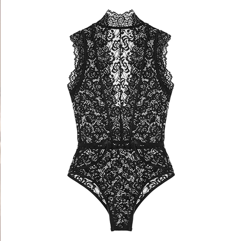 Yhotmeng new woman sexy lace perspective deep V lace shoulder underwear one-piece pajamas sleepwear