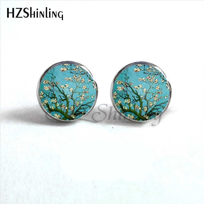 NES-0011 Van Gogh Almond Stud Earrings Branch in Bloom Art Earring Bridal Jewelry Van Gogh\'s Painting Glass Cabochon Earring HZ4