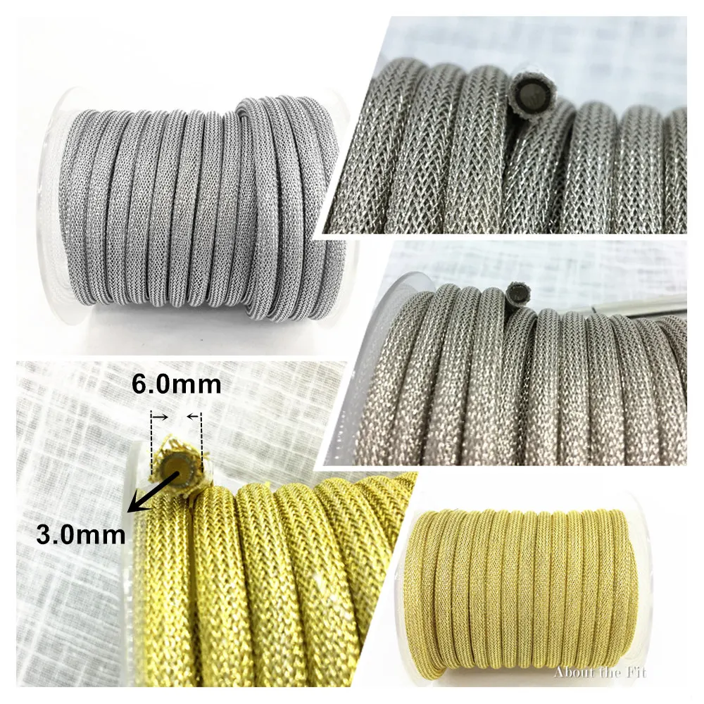 About the Fit 6mm Braided Metallic Thread Round Plastic Tube Cords Metal Wire Mesh Bands Woven Rope Craft Collar Making