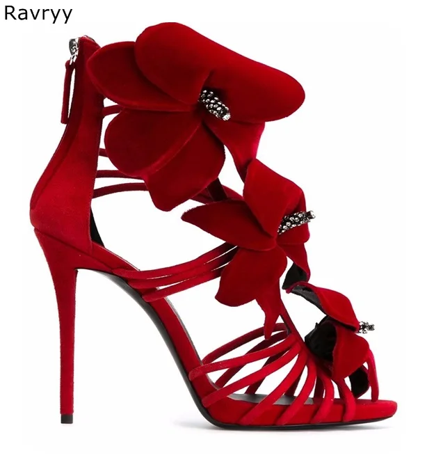 Red Flowers Woman sandals summer fashion female high heels beautiful crystal single shoes cover heel sexy pumps thin heel