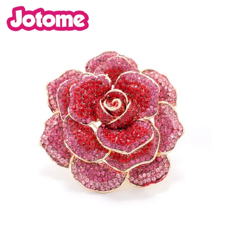 

Luxurious jewelry Gold-Tone Mother's gift Gradient red Rhinestone Rose Flower Brooch Vintage Austrian Crystal Pin