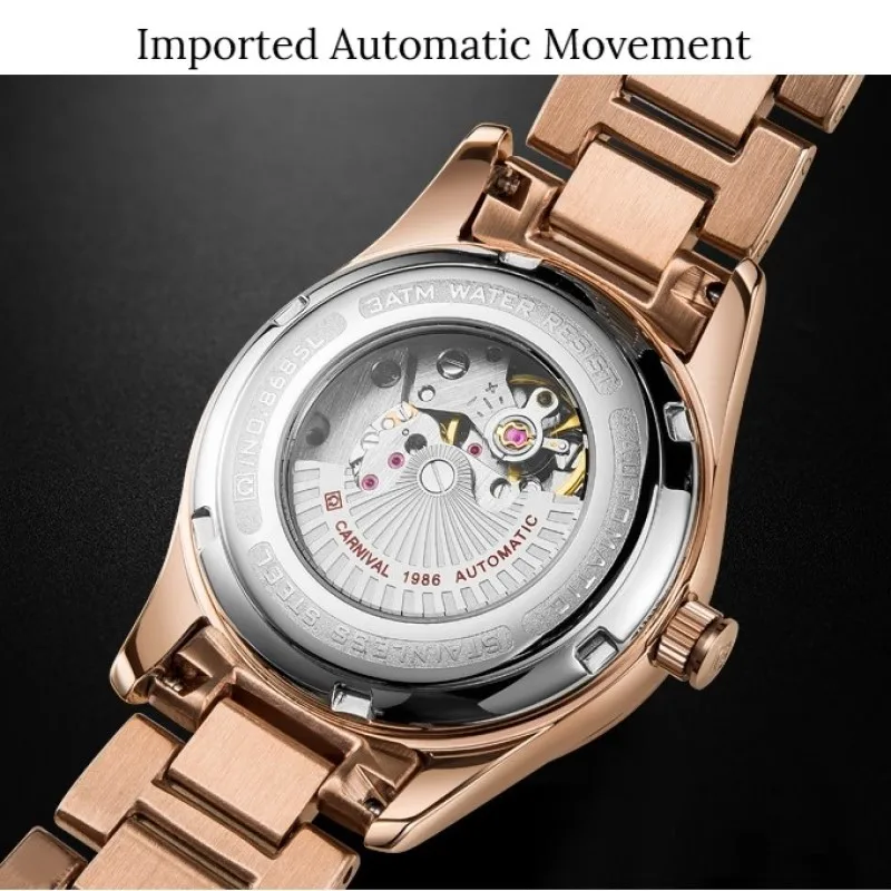 Fashion Skeleton Watch Women 2019 CARNIVAL Mechanical Watch Waterproof Calendar Sapphire Luminous Full Steel Women Watches Gold