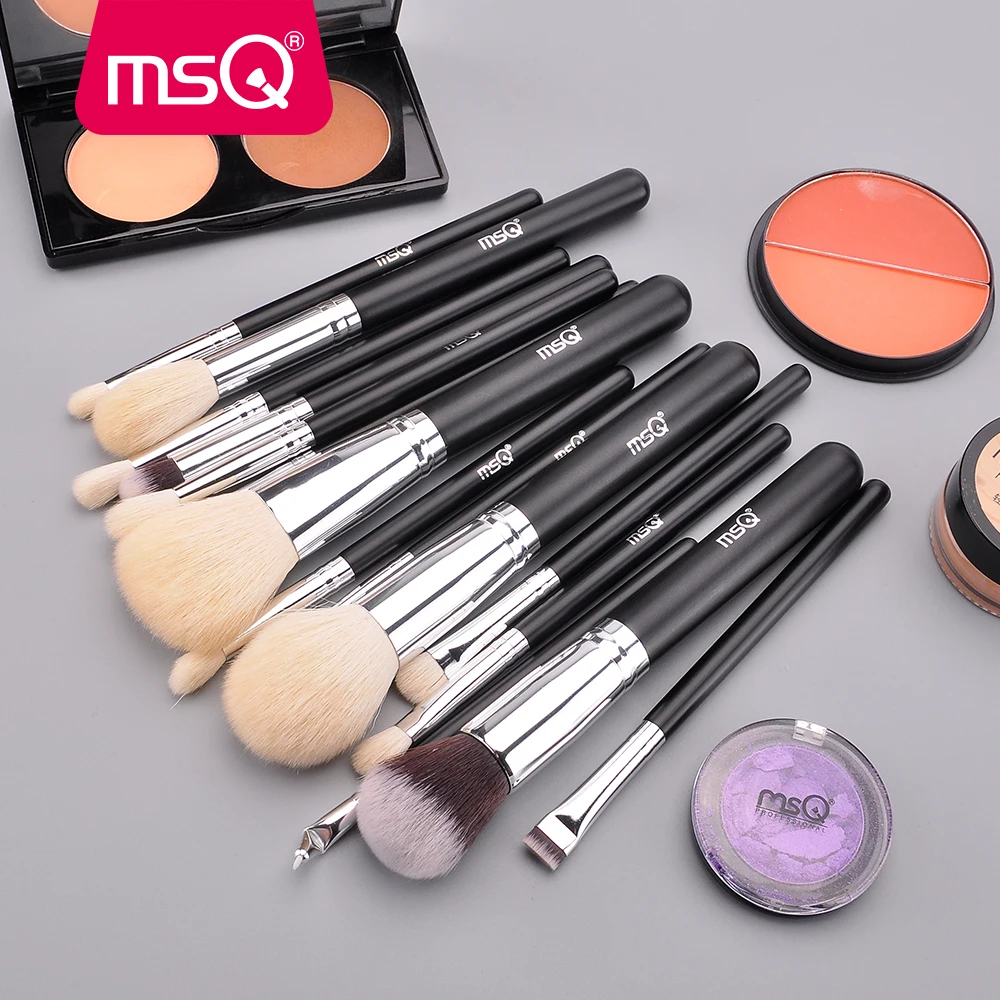 MSQ 15pcs Pro Makeup Brushes Set Powder Foundation Blusher Eyeshadow Blending Make Up Brush Goat Hair PU Leather Case