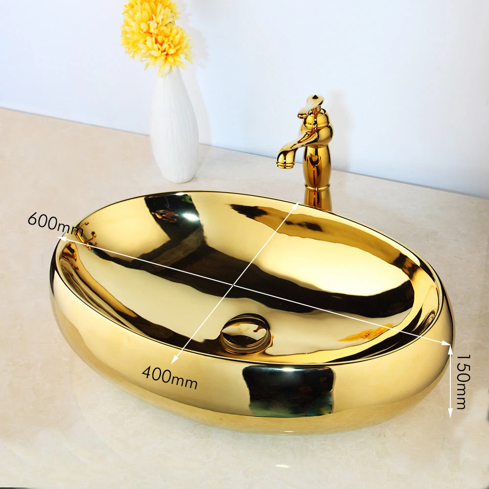 KEMAIDI Ceramic Basin Sink & Polished Golden Faucet Tap Set  Paint Bowl Sinks / Vessel Basins With Washbasin