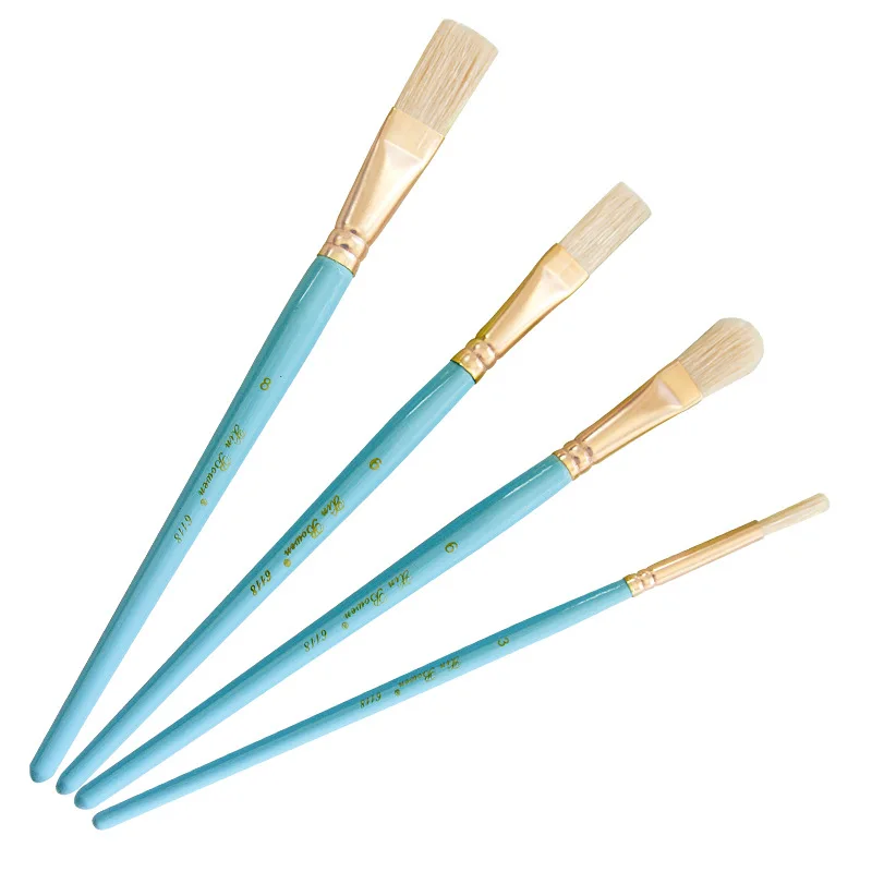 sky blue wood rod pig bristle oil brush gold-plated aluminum tube 4 pcs mixed head hard hair brush set art paint brushes