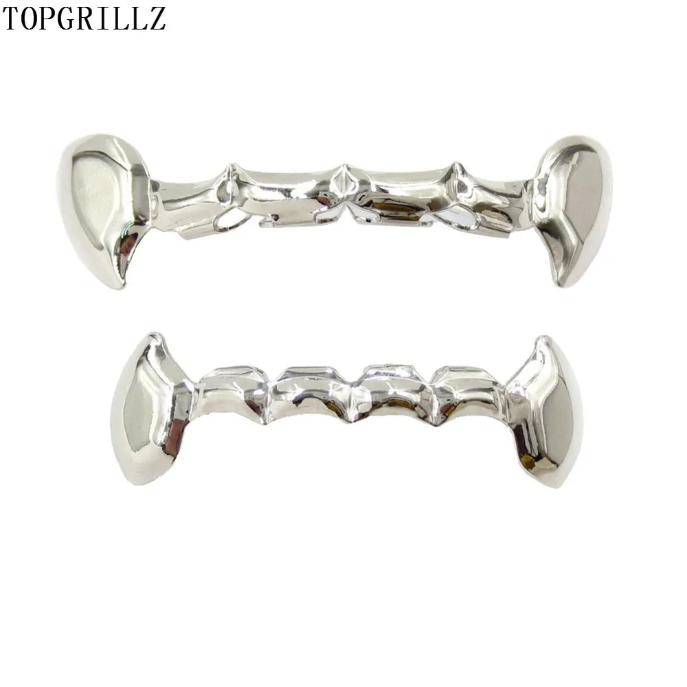 TOPGRILLZ Gold Fang Grillz Set Goldn Color Plated Half Teeth Dracula Vampire Slim Grills Gold Top&Bottom Sets Hiphop Gold grillz