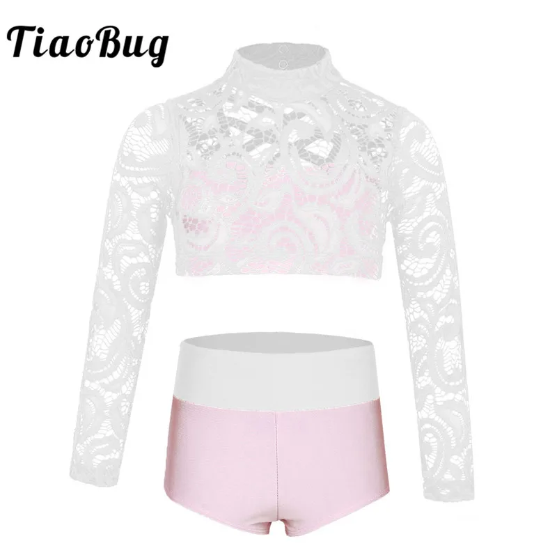 TiaoBug Kids Teens Two-piece Dance Costume Set Girls Long Sleeve Crop Top with Briefs Dance Wear Stage Gymnastics Ballet Leotard