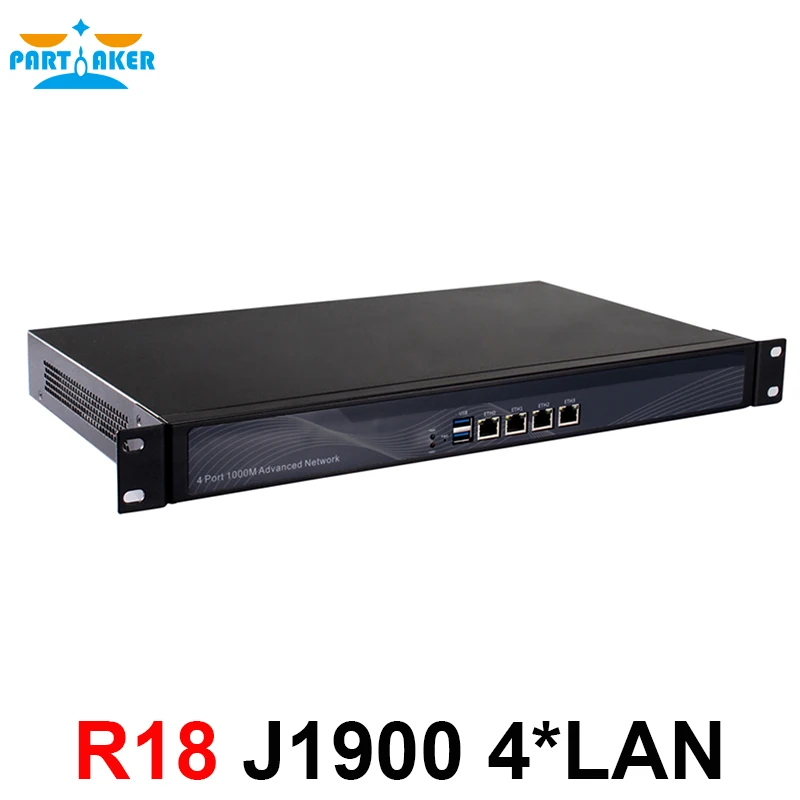 Partaker R18 Firewall Appliance VPN 1U Rackmount with J1900 4 Ethernet Cabinet Type Fanless Version 2GB Ram 32GB SSD ROS