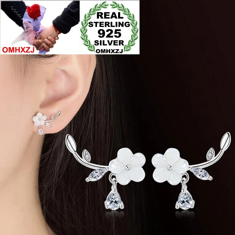 

OMHXZJ Wholesale Sweet Lovely Fashion Woman Girl Wedding Gift Plum Blossom Leaves Zircon 925 Sterling Silver Stud Earrings YS415