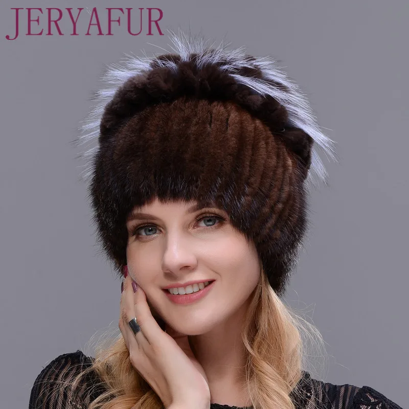 JERYAFUR Winter Natural Mink Fur Hat for Women Rabbit Fur Petal on The Top Mix with Fox Fur Warm and Fashion Warm Ear Cap