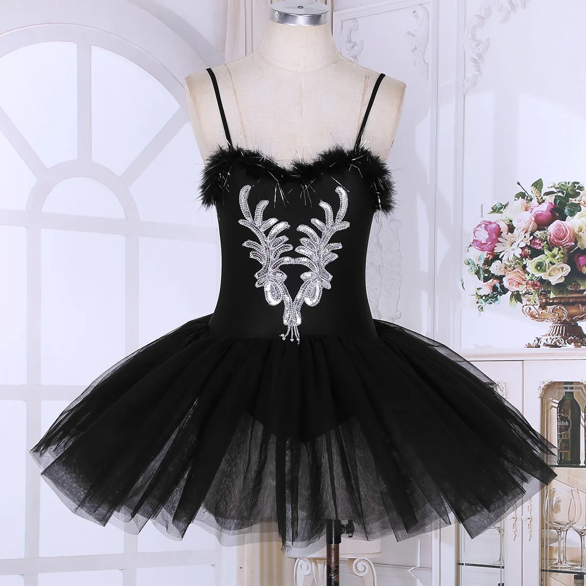 Womens Swan Lake Ballet Dance Leotard Costumes Ballet Dress Sequined Beads Flower Leotard Tutu Dress Dance Performance Dancewear