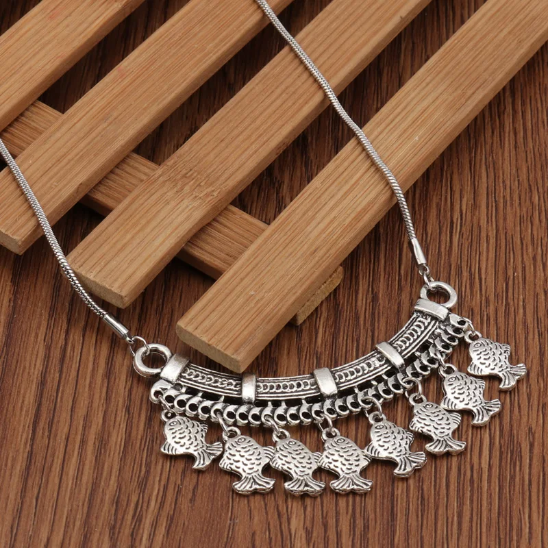 Aihua Boho Tibet Silver Color Fish Tassel Necklaces Vintage Hollow Carved Statement Necklaces Pendants for Women Accessories