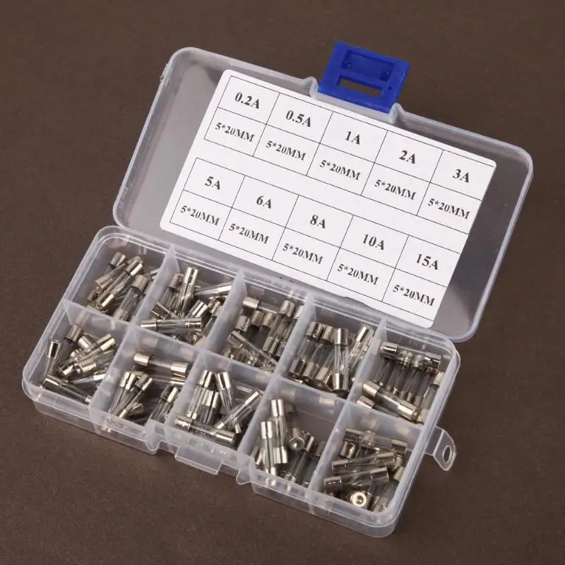 100Pcs/lot 5x20mm Car Tube Fuse Quick Blow Car Glass Tube Fuse with Fuse Holder Assorted Kit 0.2/0.5/1/2/3/5/6/8/10/15A