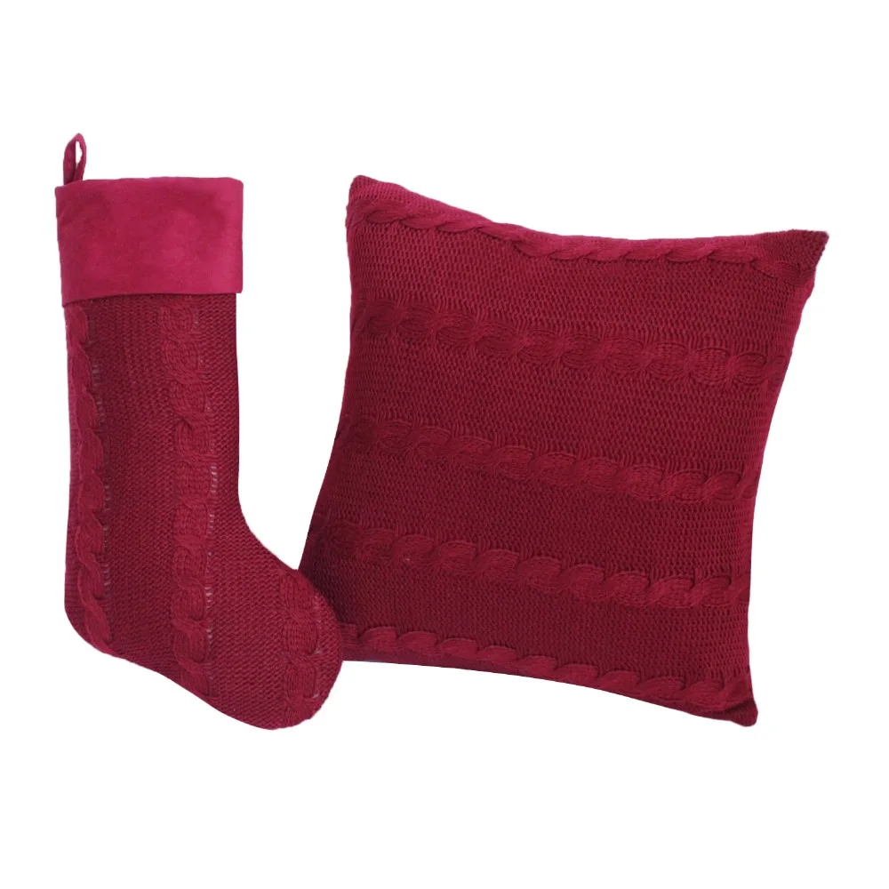 Gift Set 2pcs Christmas stocking with 2 pcs Cushion Cover Burgundy Cable Knit High Quality Christmas Set P4084