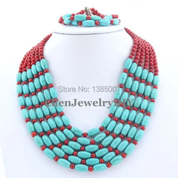 

African Costume 6 Rows beautiful Jewelry Set beautiful Necklace Bridesmaid Gift Red Coral Necklace beautiful Bracelet