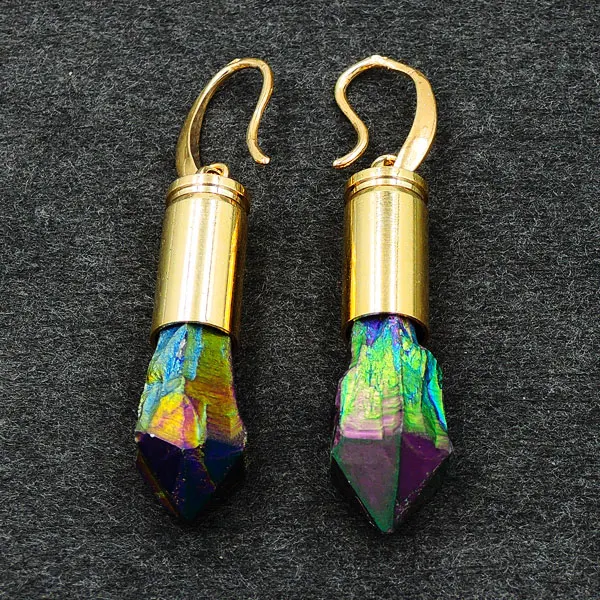 

Titanium Rainbow Crystal Druzy Point Earrings Gluing Bullet Shell Setting Gold Plated Approx 40*8mm