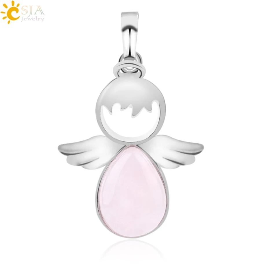 CSJA Angel Wings Natural Stones Pendants Pink Quartz Fairy Angels Pendant for Necklaces Women Girls Jewelry Christmas F753