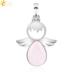 CSJA Angel Wings Natural Stones Pendants Pink Quartz Fairy Angels Pendant for Necklaces Women Girls Jewelry Christmas F753