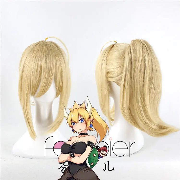 Bowsette księżniczka Bowser brzoskwinia szabla lilia peruka do Cosplay blond klip włosy w koński ogon
