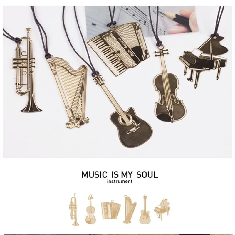 6pcs Music Metal Bookmark Gold Color Musical Instrument Piano Violin Harp Guitar Bookmarks Book Marker Office School A6832