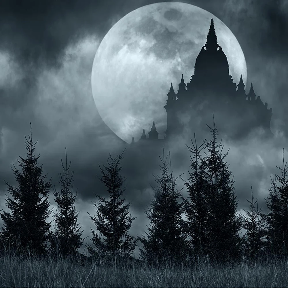 

Happy Halloween Photo Backgrounds Printed Trees Horrible Night Full Moon Old Castle Kids Children Party Booth Backdrop Vinyl