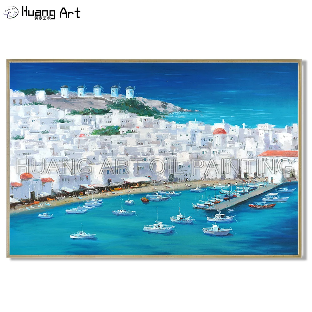 100% Hand-painted White Building and Boat Landscape Oil Painting for Decor High Quality Greek Aegean Sea Landscape Oil Painting