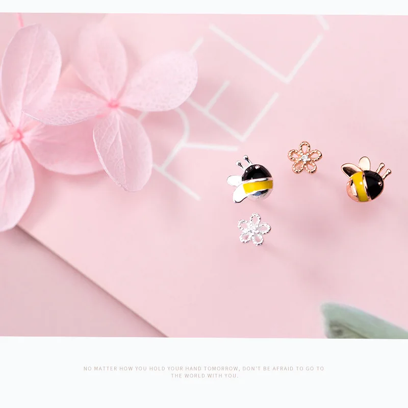 MloveAcc-pendientes de plata de ley 925 con forma de abeja y flor, joyería asimétrica, a la moda, para mujer