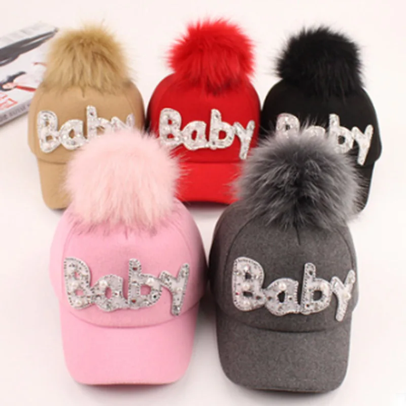 Baseball Cap Boys Girls solid snapback Caps Child Hip Hop  Wool fur hair ball kids Winter Hat