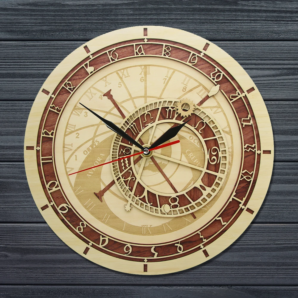 Prague Astronomical Clock in Wood Czech Republic Medieval Astronomy Wall Art Astrology Decorative Wall Watch Artwork Prague Gift