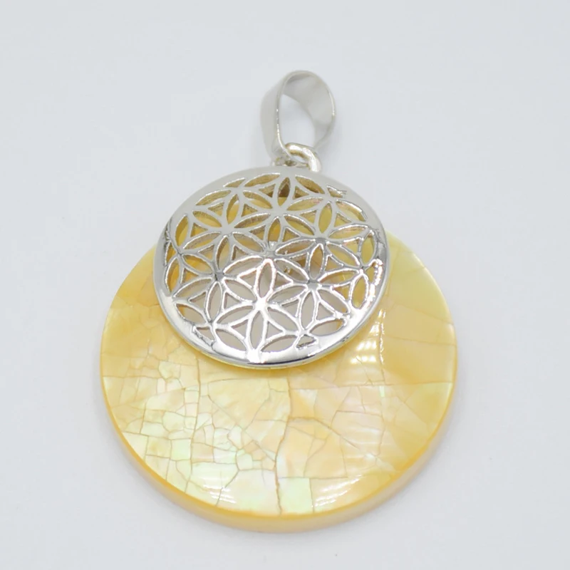 Natural Abalone Shell Flower of Life Necklace Pendant Reiki Amulets Round Hollow Out Circle Pendants for Women Men Charm Jewelry