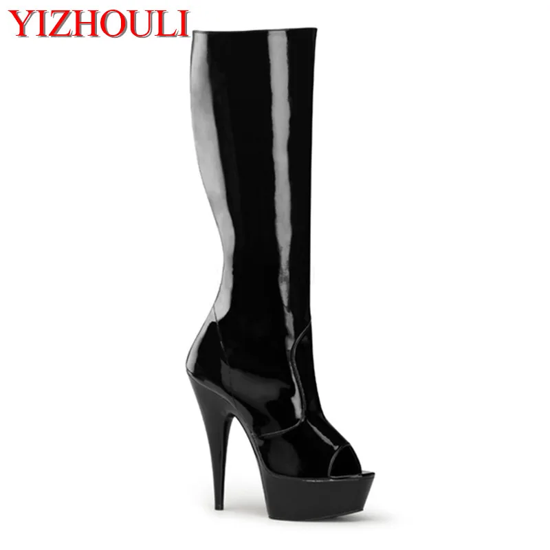 

Classics black / white 6 inch high heels knee boots platform women open toe boots spring and autumn cool boots