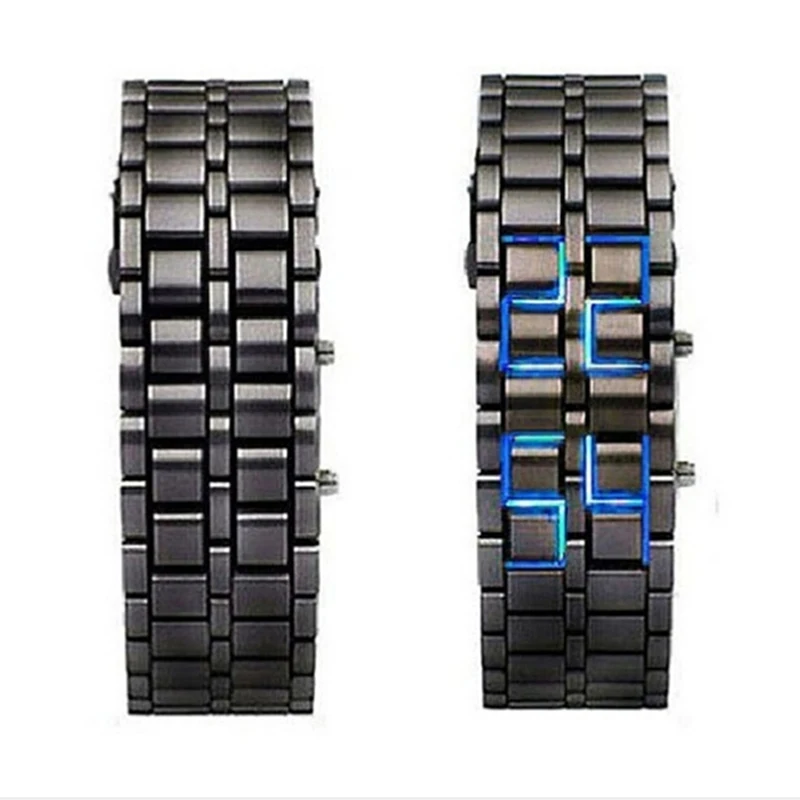 Fashion Black Full Metal Digital Lava Wrist Watch Iron Metal Red LED  For Men Boy Sport Simple Wathes