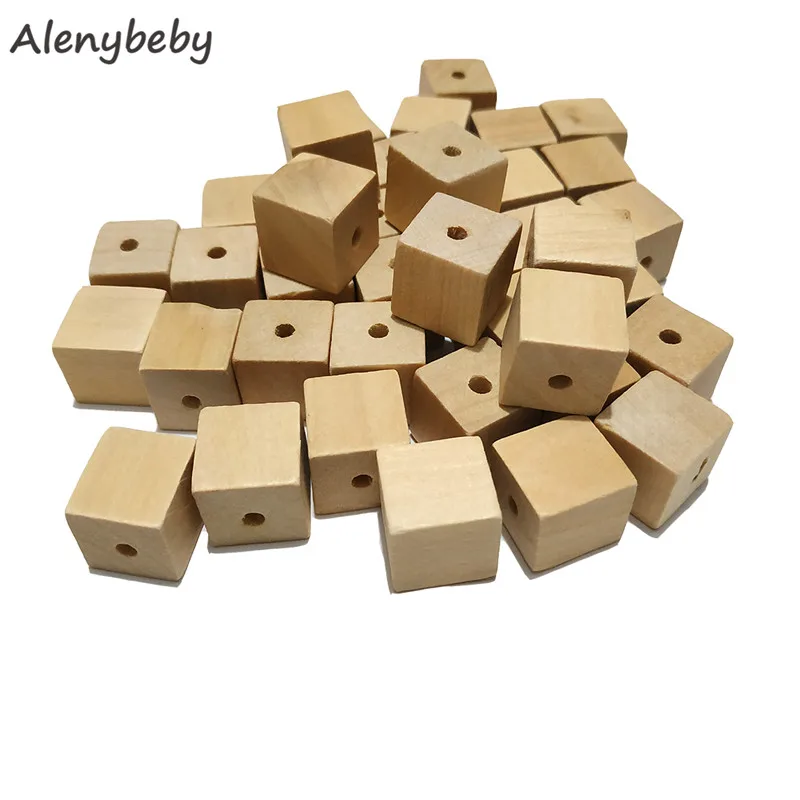 

30pcs Wood Cubes Beads Teether with Holes Unfinished Solid Wood Beads For Jewelry Necklace Creations DIY Baby Teething Craft