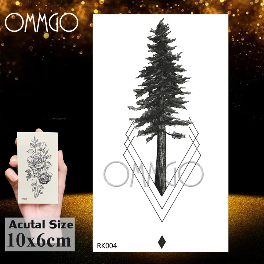 OMMGO Black Rhombus Pine Tree Tattoos Temporary Geometric Triangle Tatoo Sticker For Men Women Body Art DIY Fake Arm Leg Tattoos